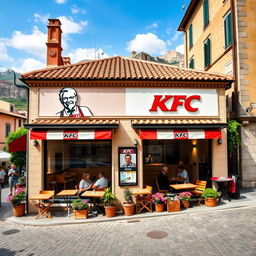 A KFC restaurant situated in Italy, featuring the brand's familiar design combined with distinct Italian architectural styles