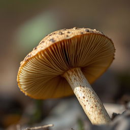 A highly detailed and close-up view of a single mushroom, showcasing its intricate textures, patterns, and colors