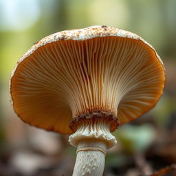 A highly detailed and close-up view of a single mushroom, showcasing its intricate textures, patterns, and colors