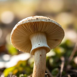 A highly detailed and close-up view of a single mushroom, showcasing its intricate textures, patterns, and colors
