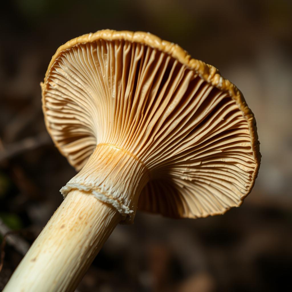 A highly detailed and close-up view of a single mushroom, showcasing its intricate textures, patterns, and colors