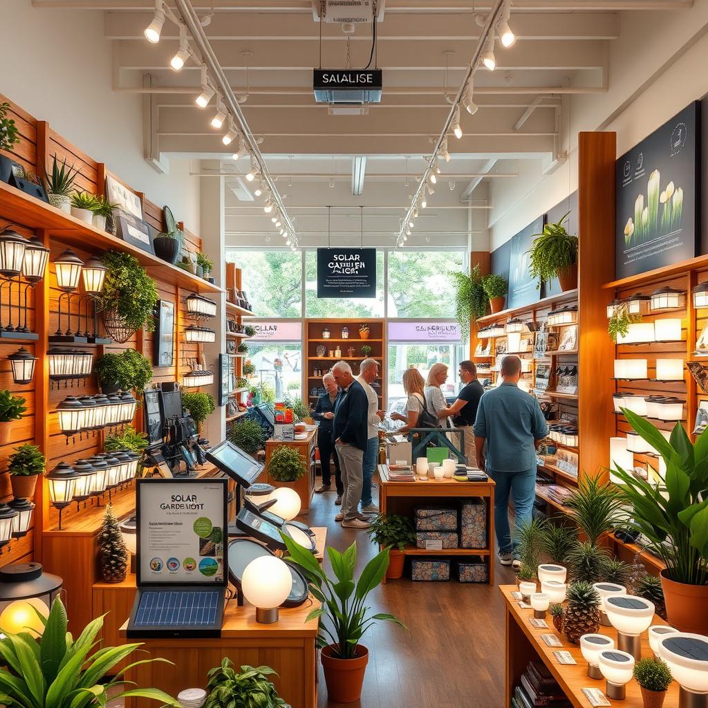 A vibrant and inviting retail space for selling solar garden lights and wall sconces, featuring beautifully arranged displays showcasing various styles of solar lights