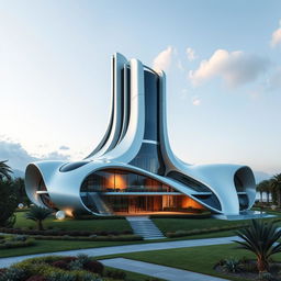 A futuristic mega house featuring a unique architectural shape with a giant tower structure dominating the design