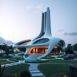 A futuristic mega house featuring a unique architectural shape with a giant tower structure dominating the design