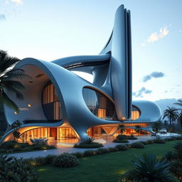 A futuristic mega house featuring a unique architectural shape with a giant tower structure dominating the design