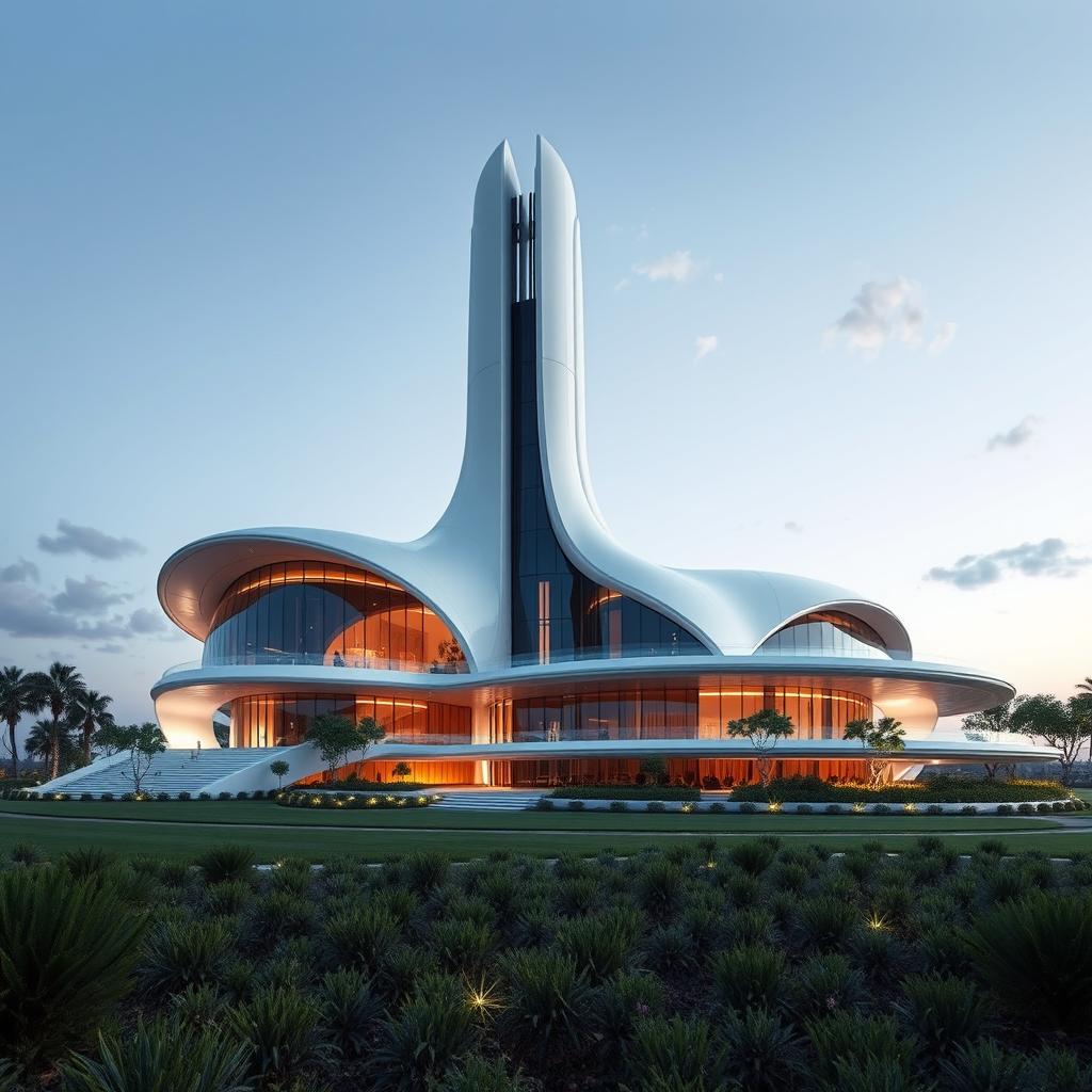 A futuristic mega house featuring a unique architectural shape with a giant tower structure dominating the design
