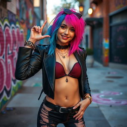 A stylish femboy with vibrant hair, wearing a chic outfit that combines both masculine and feminine elements, striking a playful pose in a colorful urban setting
