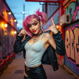 A stylish femboy with vibrant hair, wearing a chic outfit that combines both masculine and feminine elements, striking a playful pose in a colorful urban setting