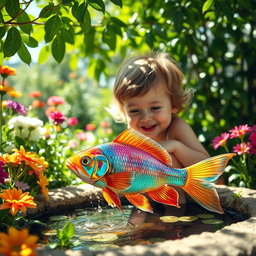 A whimsical scene of a child joyfully playing with a colorful fish in a bright, sunny garden