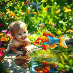 A whimsical scene of a child joyfully playing with a colorful fish in a bright, sunny garden
