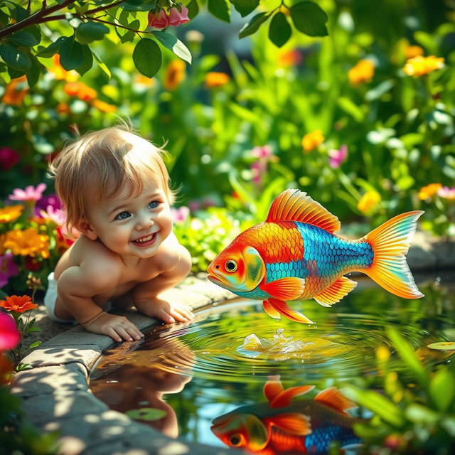 A whimsical scene of a child joyfully playing with a colorful fish in a bright, sunny garden