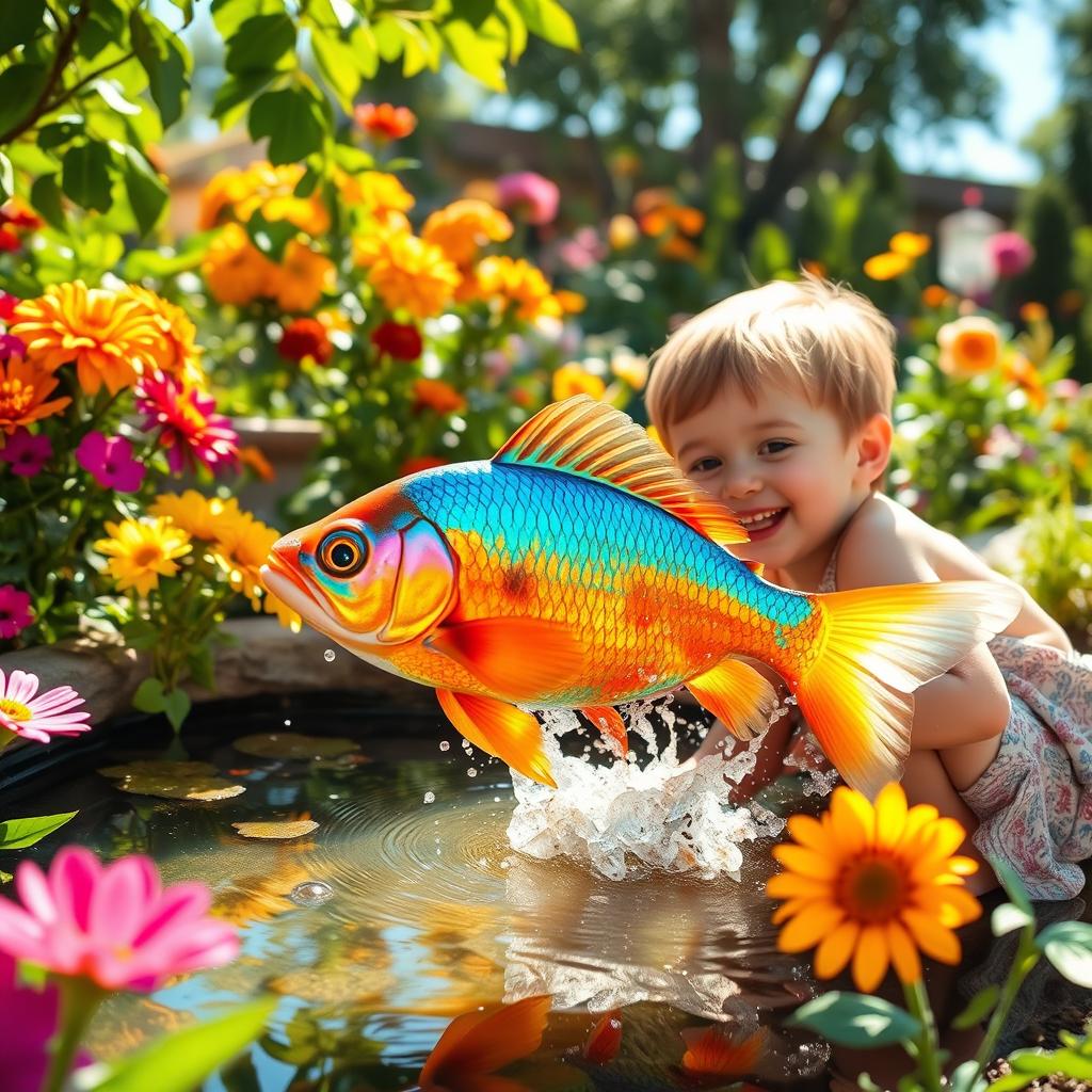 A whimsical scene of a child joyfully playing with a colorful fish in a bright, sunny garden