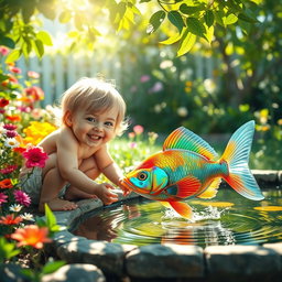A whimsical scene of a child joyfully playing with a colorful fish in a bright, sunny garden