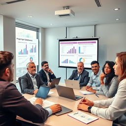 An office meeting scene depicting a diverse group of stakeholders (men and women of various ages and ethnicities) engaging in a discussion about project effectiveness