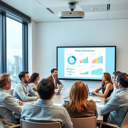 An office meeting scene depicting a diverse group of stakeholders (men and women of various ages and ethnicities) engaging in a discussion about project effectiveness