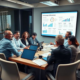 An office meeting scene depicting a diverse group of stakeholders (men and women of various ages and ethnicities) engaging in a discussion about project effectiveness