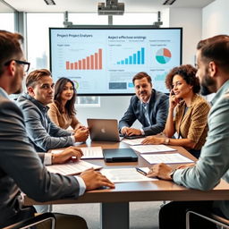An office meeting scene depicting a diverse group of stakeholders (men and women of various ages and ethnicities) engaging in a discussion about project effectiveness
