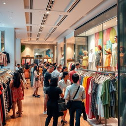 A vibrant and inviting clothing store interior, showcasing a variety of fashionable apparel including dresses, shirts, and accessories