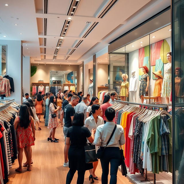 A vibrant and inviting clothing store interior, showcasing a variety of fashionable apparel including dresses, shirts, and accessories