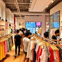 A vibrant and inviting clothing store interior, showcasing a variety of fashionable apparel including dresses, shirts, and accessories