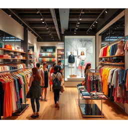 A vibrant and inviting clothing store interior, showcasing a variety of fashionable apparel including dresses, shirts, and accessories