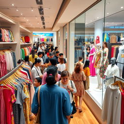 A vibrant and inviting clothing store interior, showcasing a variety of fashionable apparel including dresses, shirts, and accessories