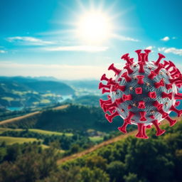 A stunning landscape transitioning seamlessly into a microscopic view of a virus