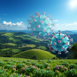 A stunning landscape transitioning seamlessly into a microscopic view of a virus