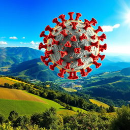 A stunning landscape transitioning seamlessly into a microscopic view of a virus