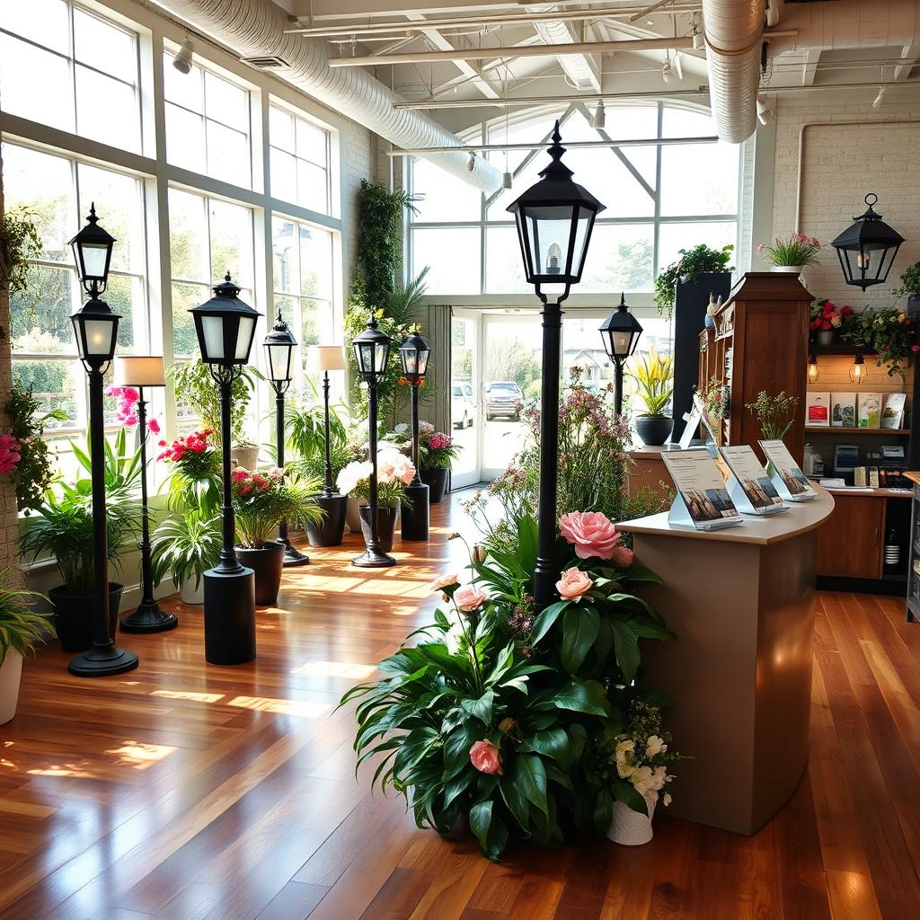 A beautifully designed showroom dedicated to selling garden lamp posts and wall lights