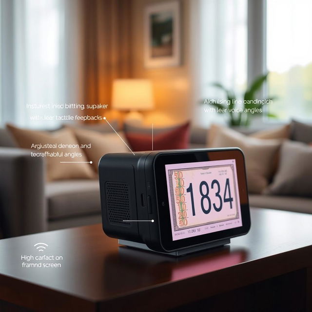 A sophisticated banknote reader specifically designed for visually impaired individuals, showcasing an intuitive interface with large buttons and clear tactile feedback