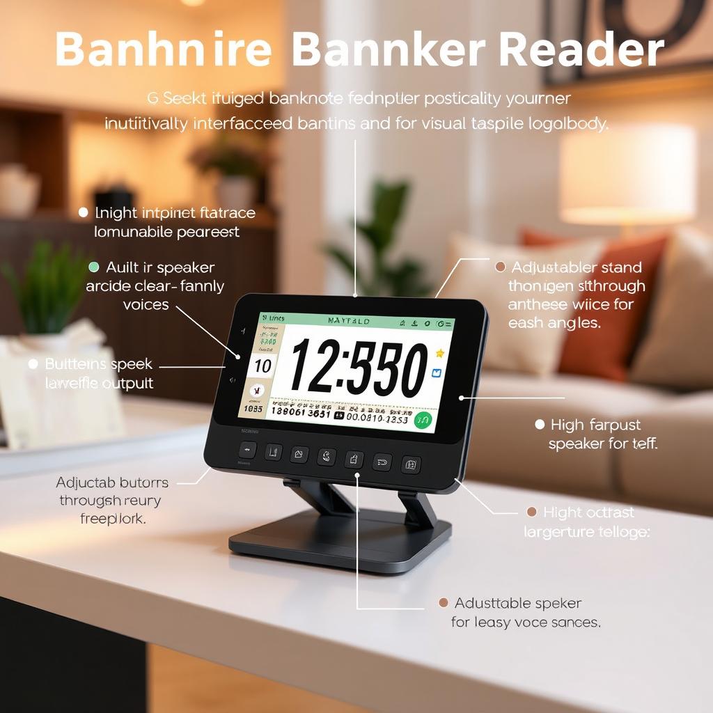 A sophisticated banknote reader specifically designed for visually impaired individuals, showcasing an intuitive interface with large buttons and clear tactile feedback