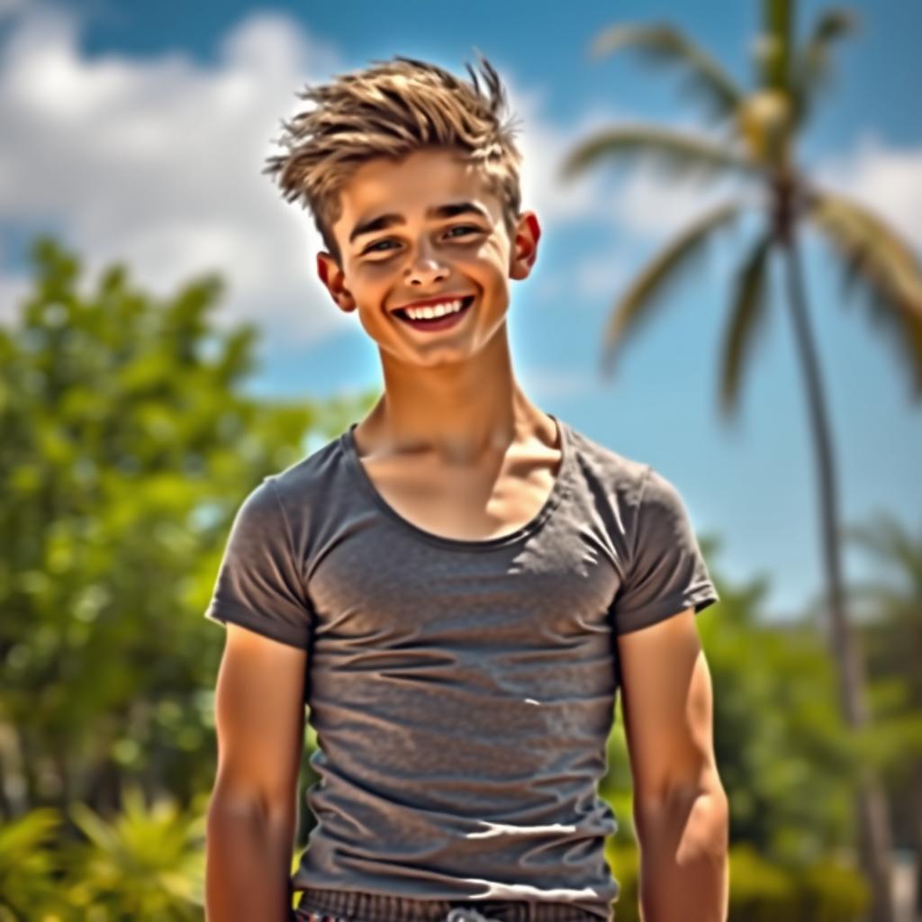 A teenage boy with an athletic build, showcasing a fit physique