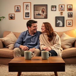 A cozy living room scene featuring a husband and wife sitting together on a comfortable sofa