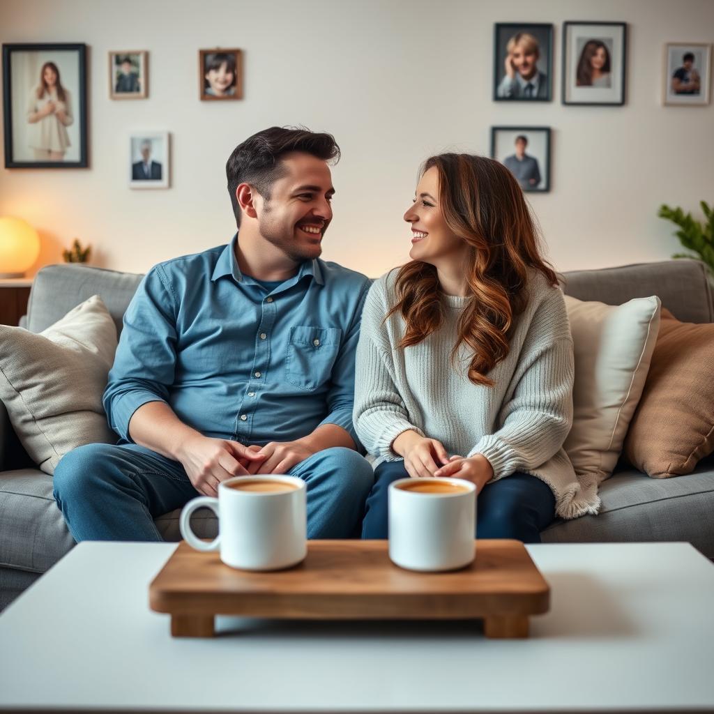 A cozy living room scene featuring a husband and wife sitting together on a comfortable sofa
