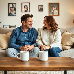 A cozy living room scene featuring a husband and wife sitting together on a comfortable sofa