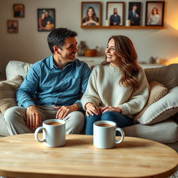 A cozy living room scene featuring a husband and wife sitting together on a comfortable sofa