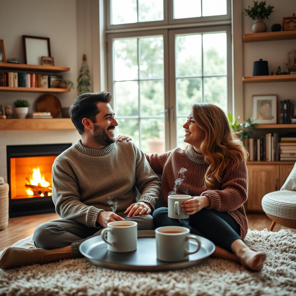 A loving couple, husband and wife, sitting cozily together in a warm and inviting living room