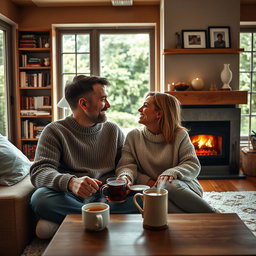 A loving couple, husband and wife, sitting cozily together in a warm and inviting living room