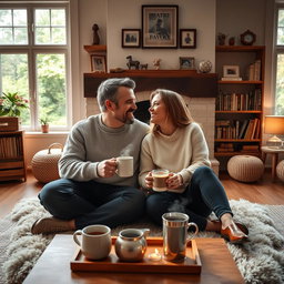 A loving couple, husband and wife, sitting cozily together in a warm and inviting living room