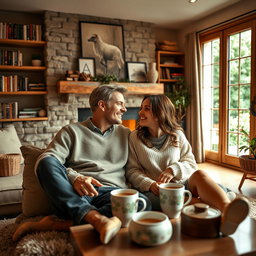 A loving couple, husband and wife, sitting cozily together in a warm and inviting living room