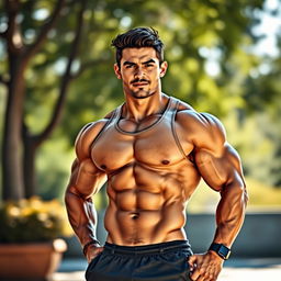 A muscular male figure showcasing an impressive physique, standing confidently in a dynamic pose