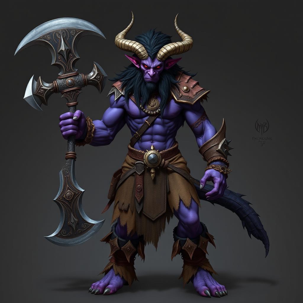 A fabulous male tiefling barbarian with striking purple skin, vividly curved horns, and glowing red eyes