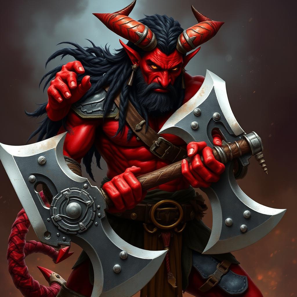 A fabulous male redskin tiefling barbarian with striking crimson skin, prominent horns, and piercing golden eyes