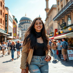 A young woman exploring the city of Kazan, dressed in a stylish urban outfit