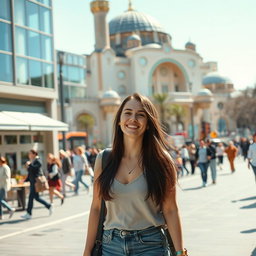 A young woman exploring the city of Kazan, dressed in a stylish urban outfit