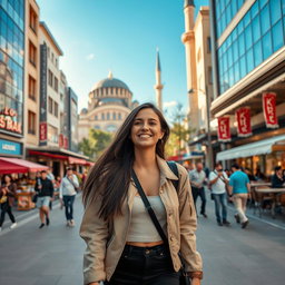 A young woman exploring the city of Kazan, dressed in a stylish urban outfit