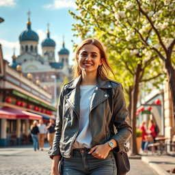 A vibrant scene of a young woman standing confidently in the city of Kazan, Russia