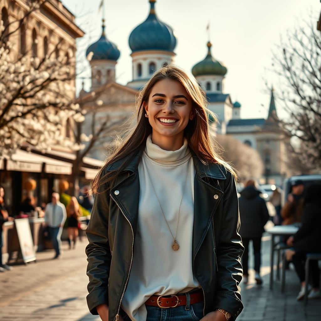 A vibrant scene of a young woman standing confidently in the city of Kazan, Russia