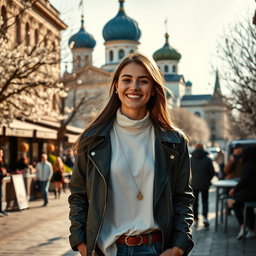 A vibrant scene of a young woman standing confidently in the city of Kazan, Russia